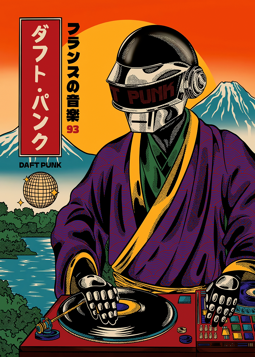 Daft Punk DJing with Mount Fuji backdrop' Poster, picture, metal