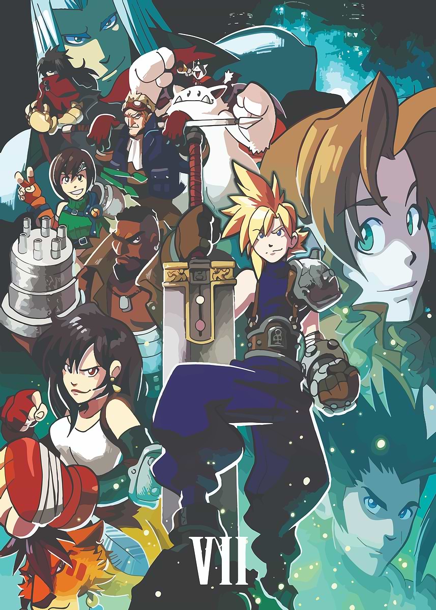 コミック・アニメ httk01 FINALFANTASY COLDCASTCOLLECTION Final Fantasy VII Characters Montage' Poster, picture, metal print