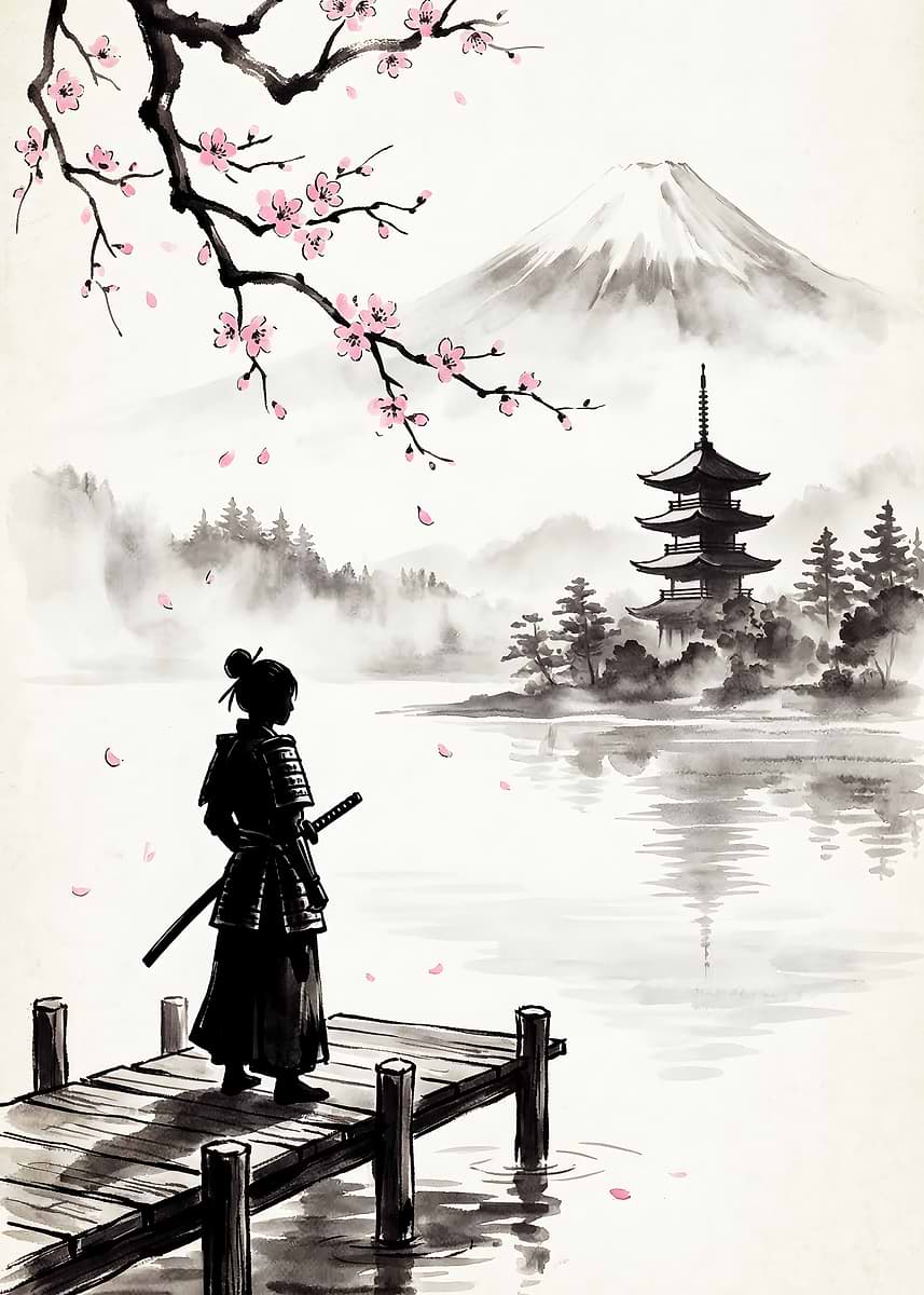 パンフレット　ムトケシ Samurai Girl by Mount Fuji' Poster, picture, metal print, paint by