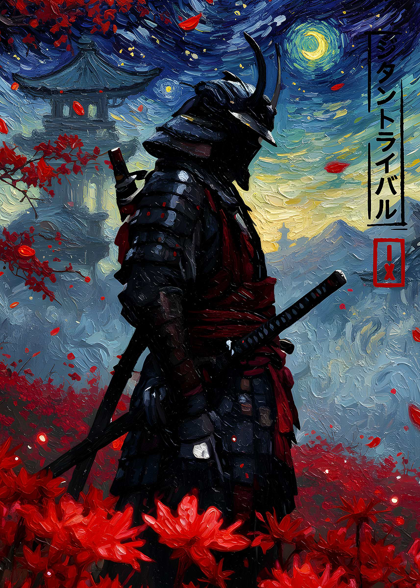 Samurai Warrior Under a Starry Night Sky' Poster, picture, metal