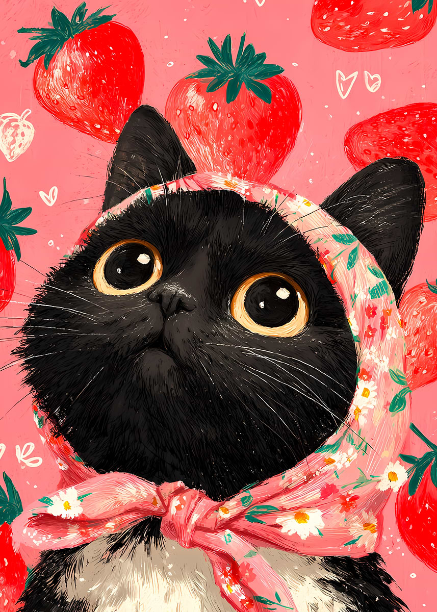 Cute Black Cat with Strawberry Scarf' Poster, picture, metal print