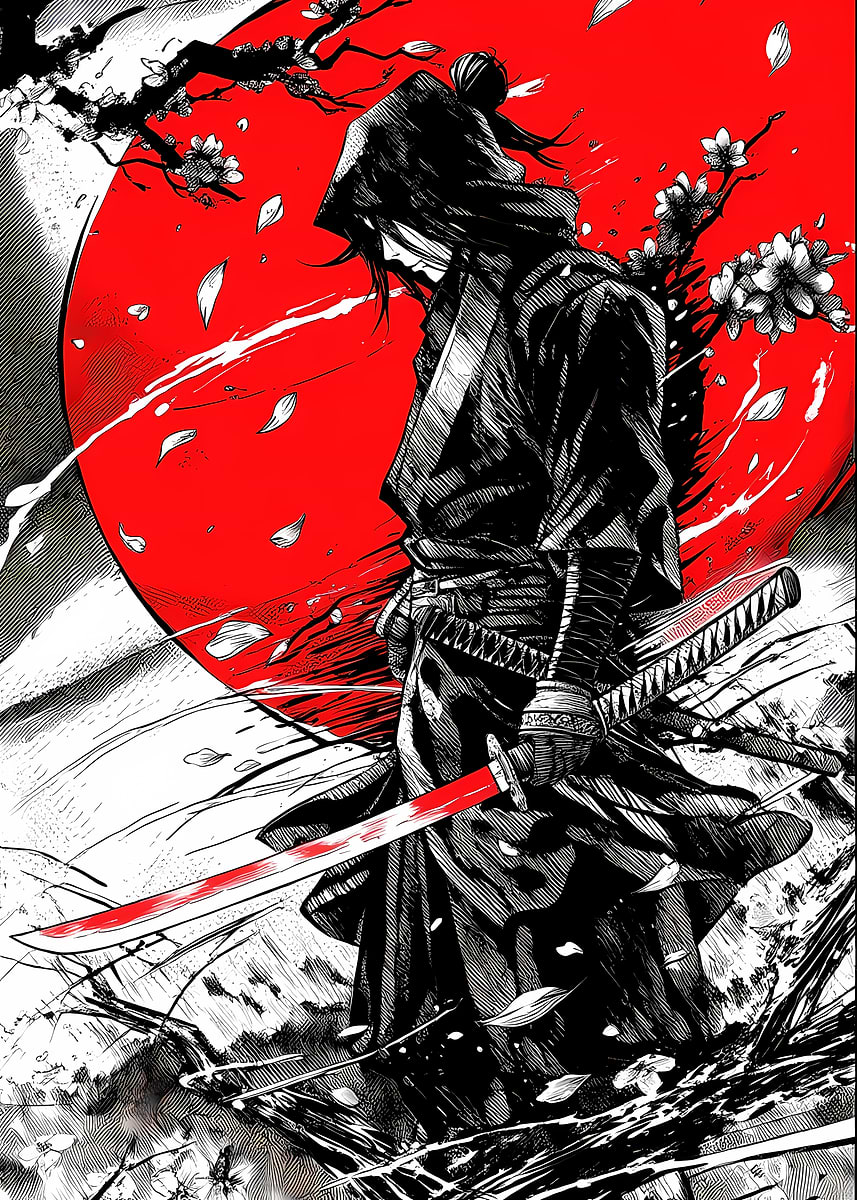 Samurai Warrior with Red Sun' Poster, picture, metal print, paint