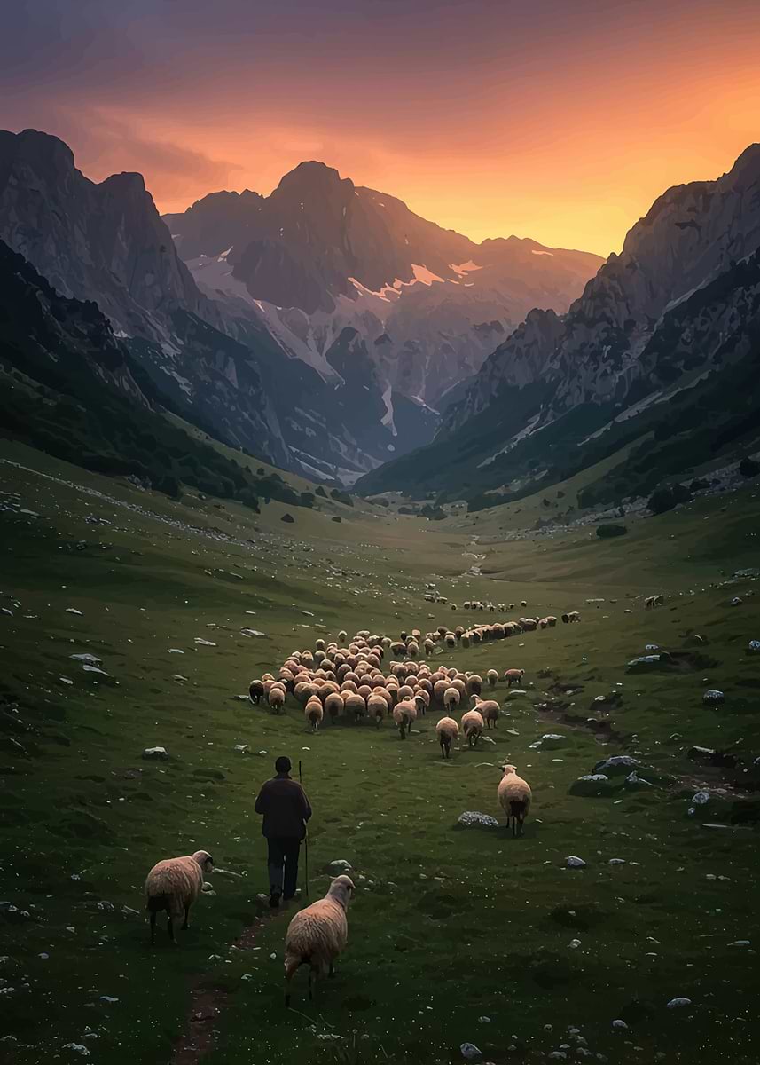 'Shepherd Herding Sheep in Mountain Valley at Sunset' Poster, picture ...