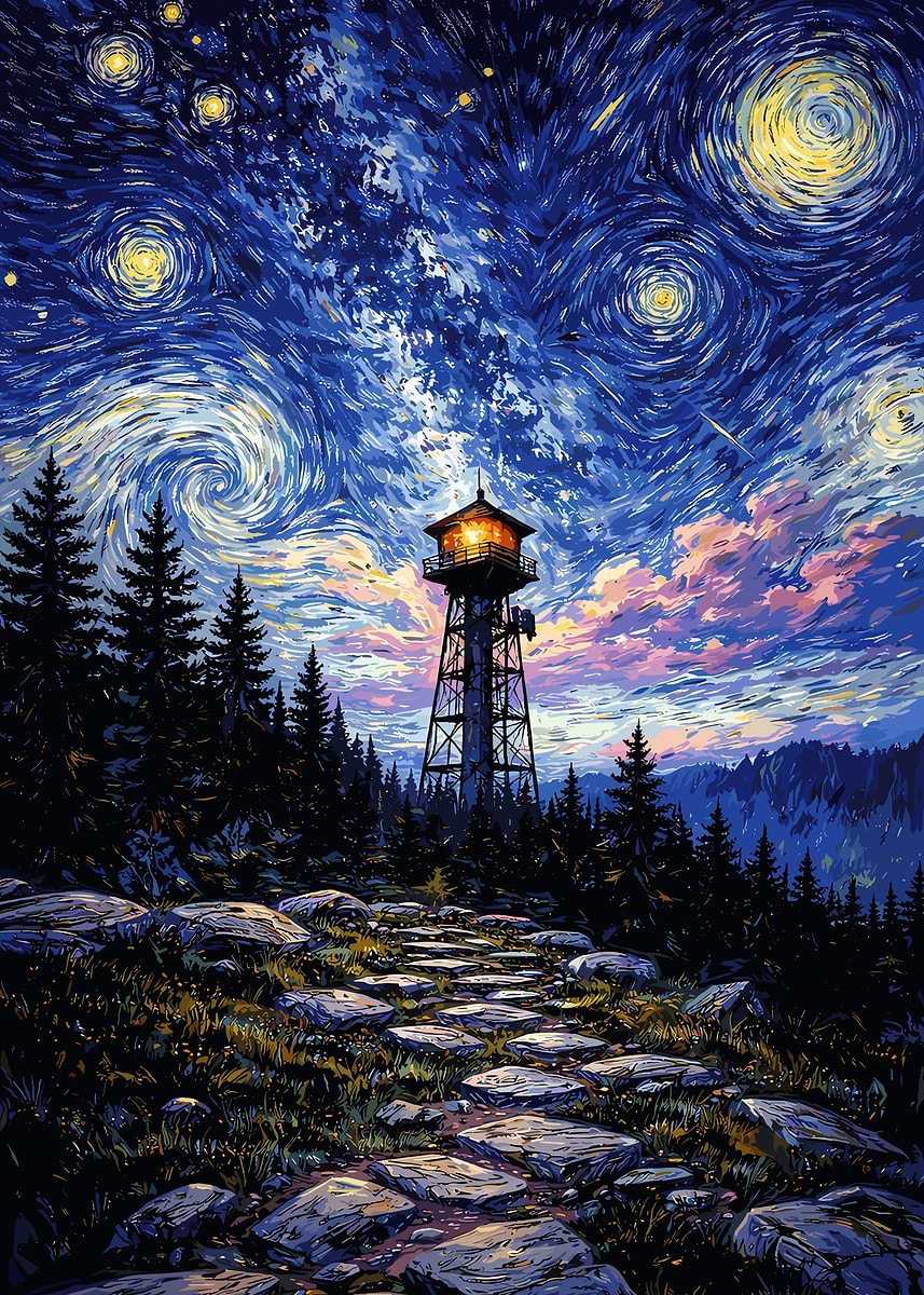 Starry Night Fire Tower Landscape' Poster, picture, metal print