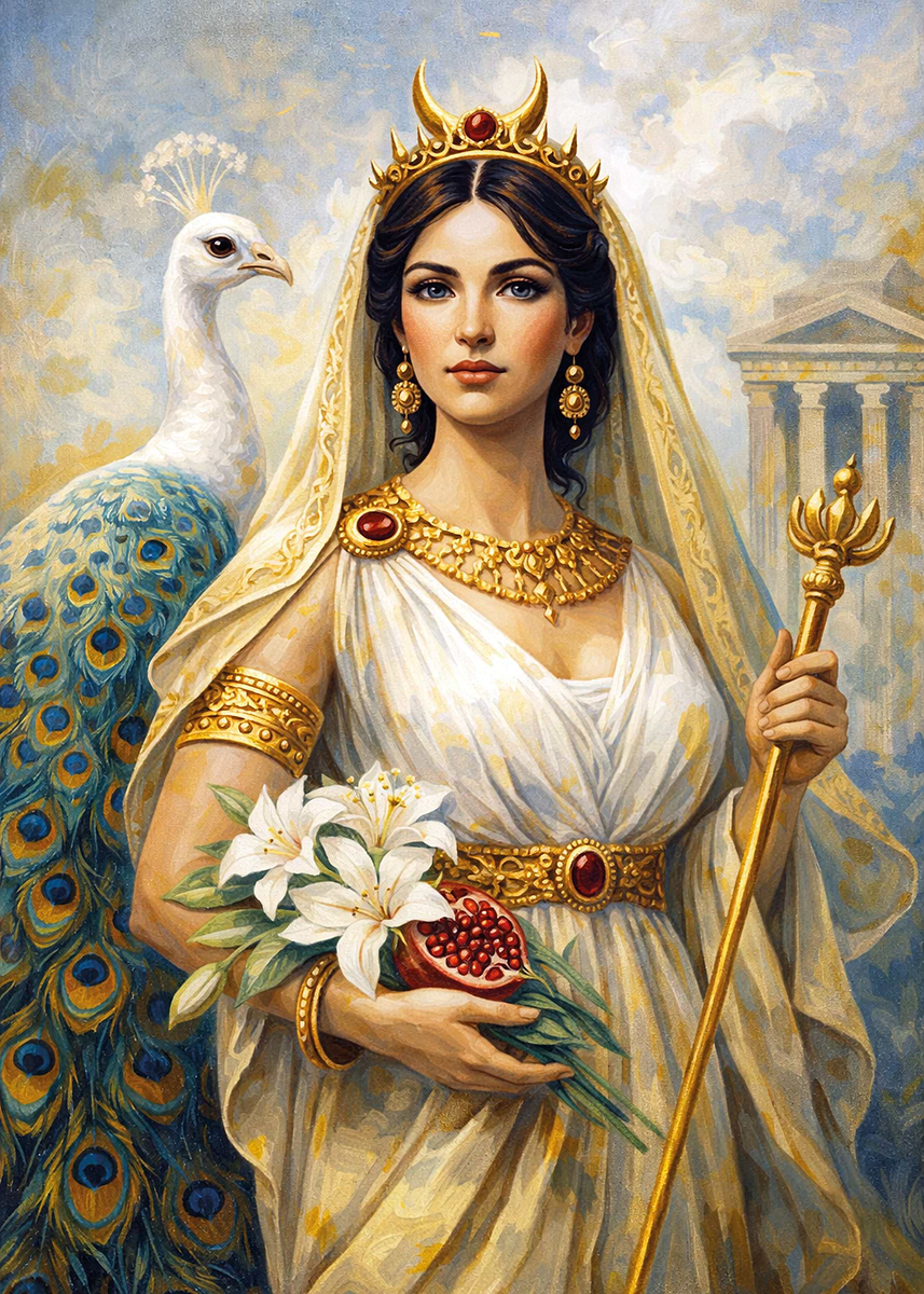'Goddess Hera with Peacock and Flowers' Poster, picture, metal print ...