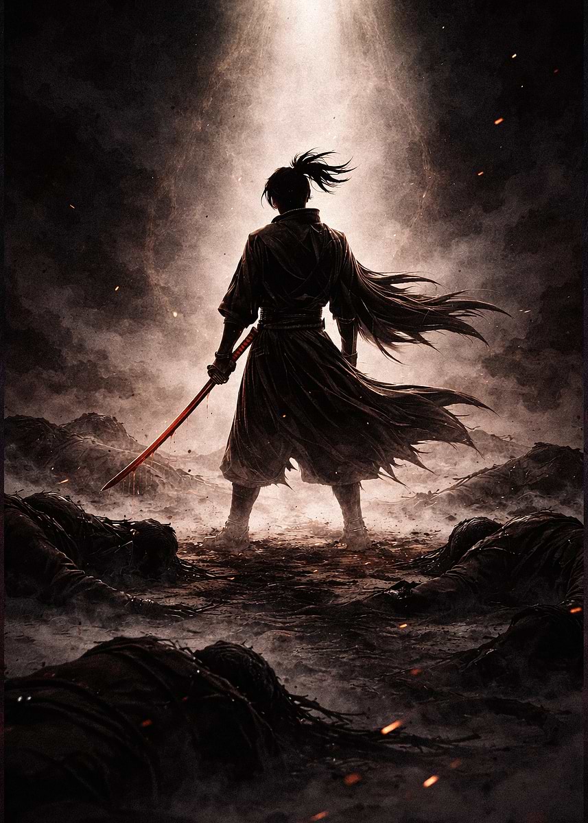 Samurai Standing Over Fallen Enemies' Poster, picture, metal print