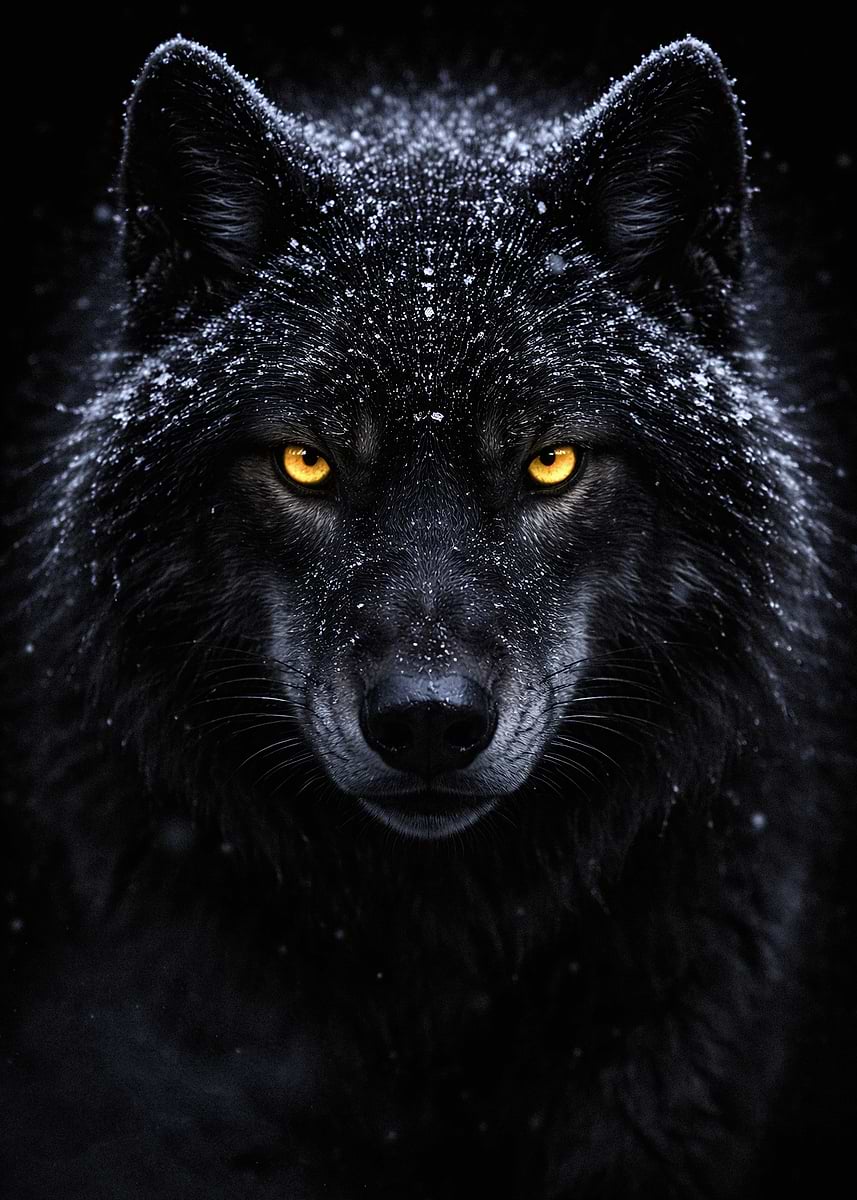 Black wolf with glowing yellow eyes' Poster, picture, metal print