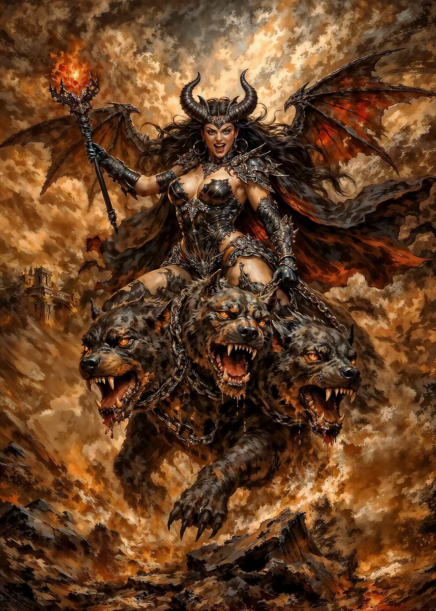 Meribeth Demon 'Demon Queen Lilith Riding Cerberus' Poster, picture, metal print ...