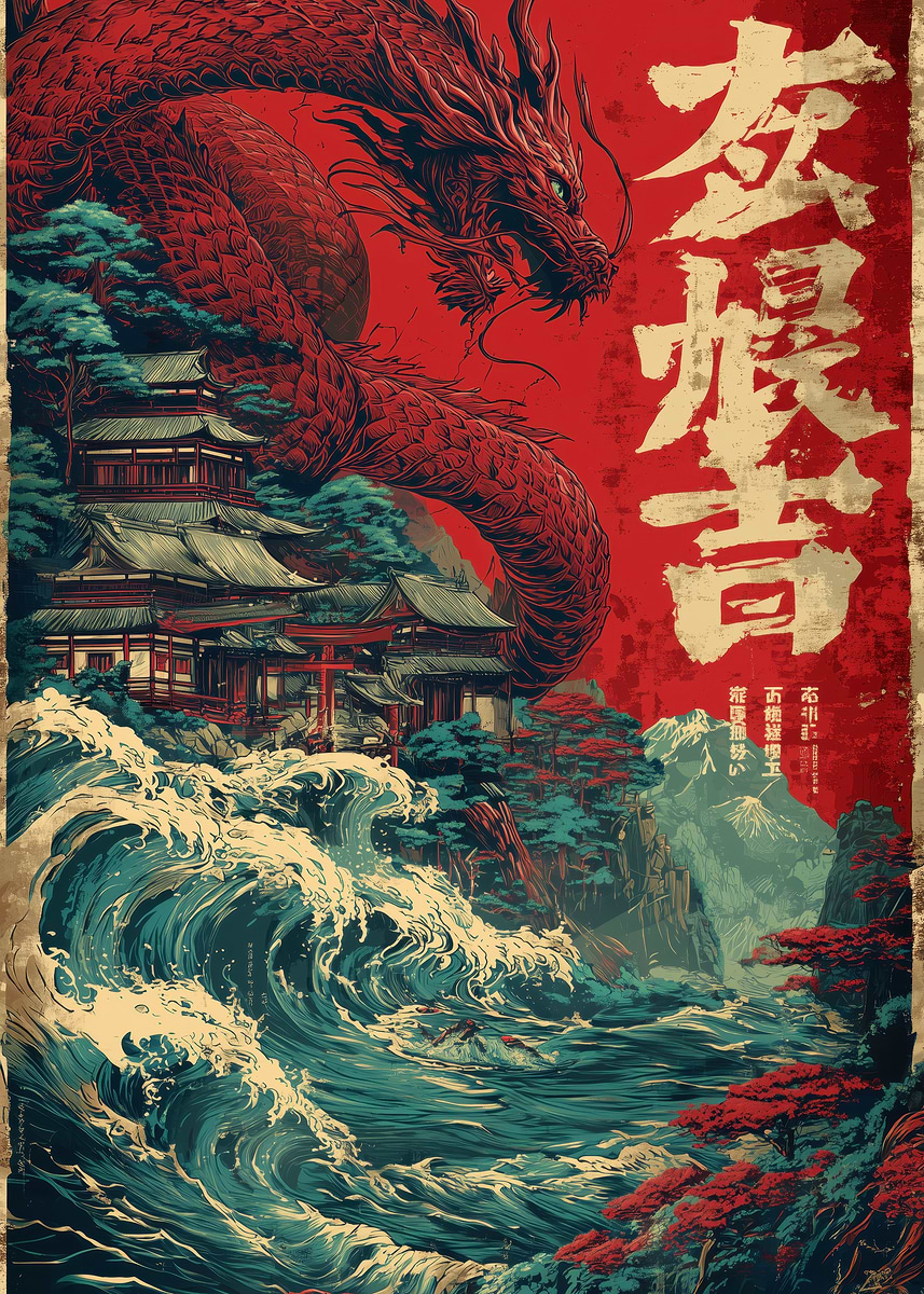 Red Dragon Over Japanese Landscape' Poster, picture, metal print Red Dragon Over Japanese Landscape' Poster, picture, metal print