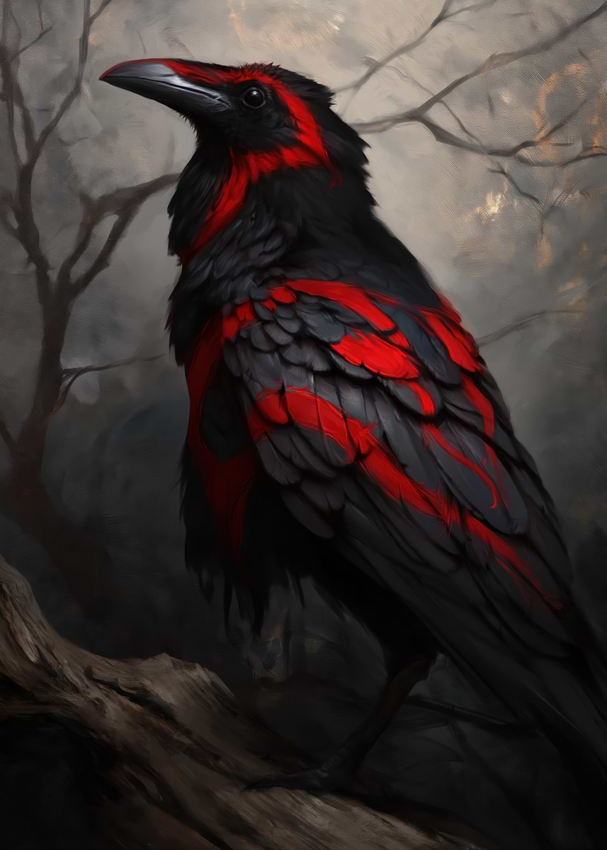'Black and Red Raven on Branch' Poster, picture, metal print, paint by ...
