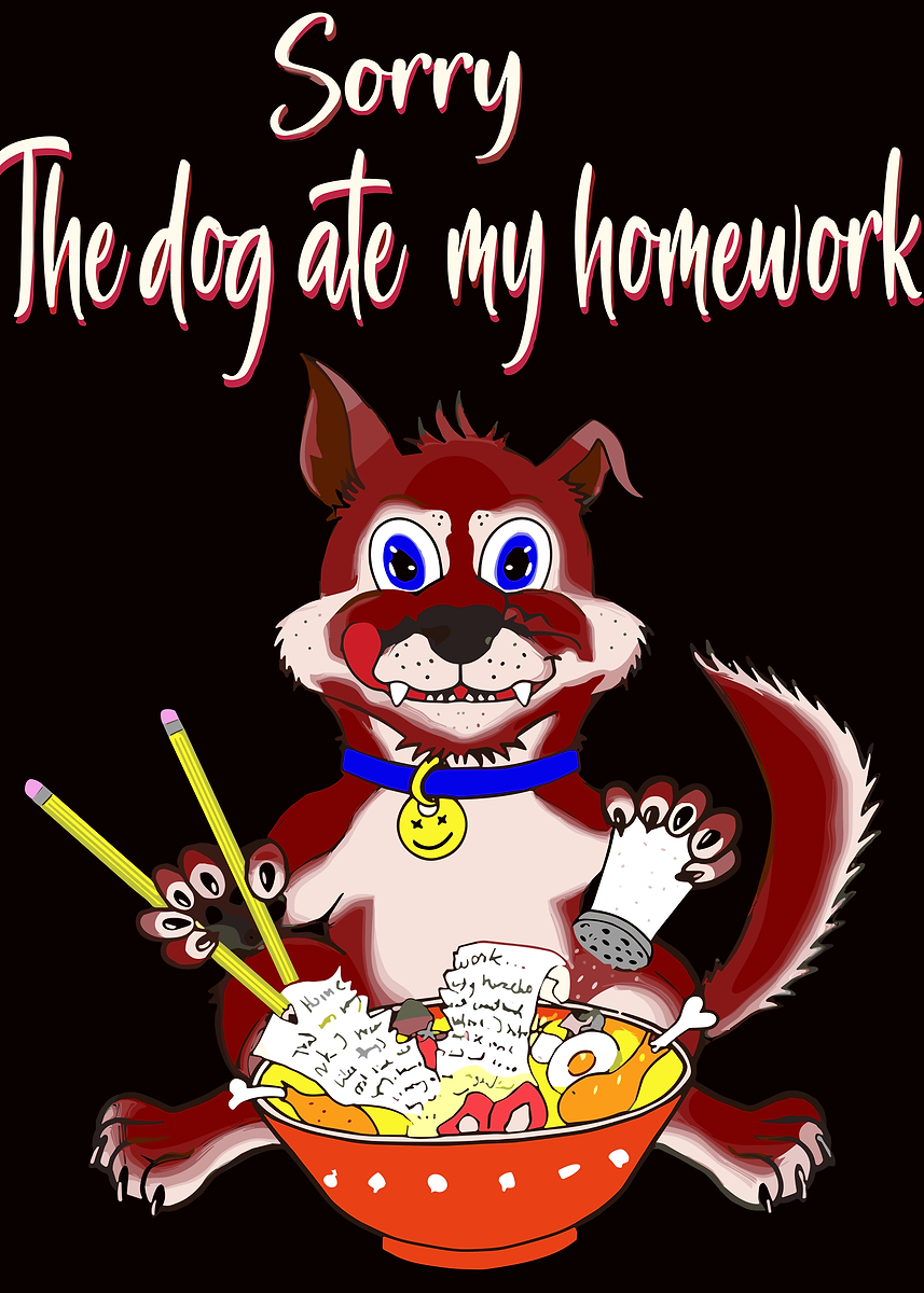 'Dog eating homework in ramen bowl' Poster, picture, metal print, paint ...