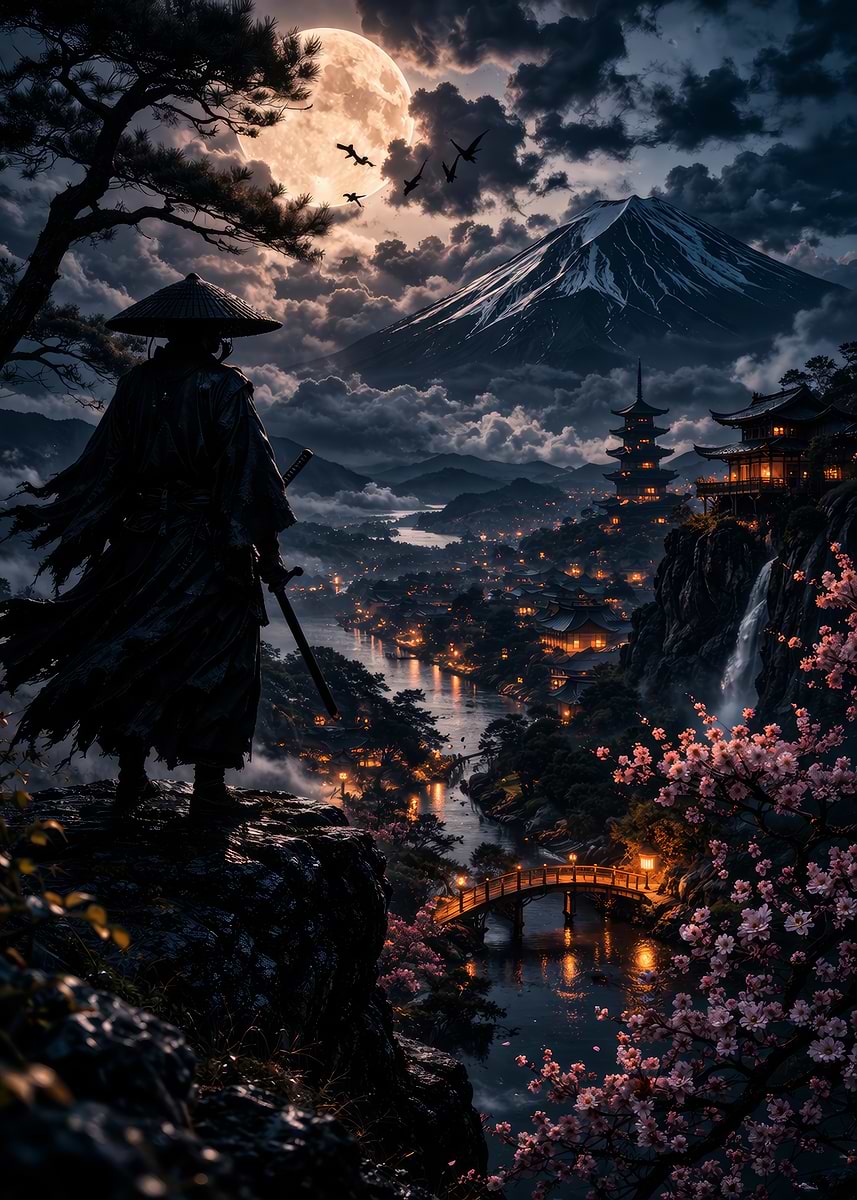 Samurai Overlooking a Japanese Village' Poster, picture, metal