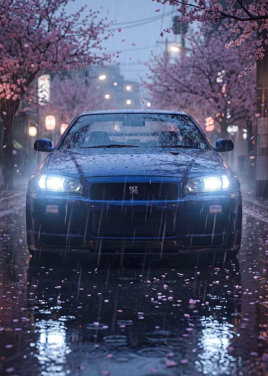 Nissan Skyline R34 in Cherry Blossom Rain' Poster, picture, metal