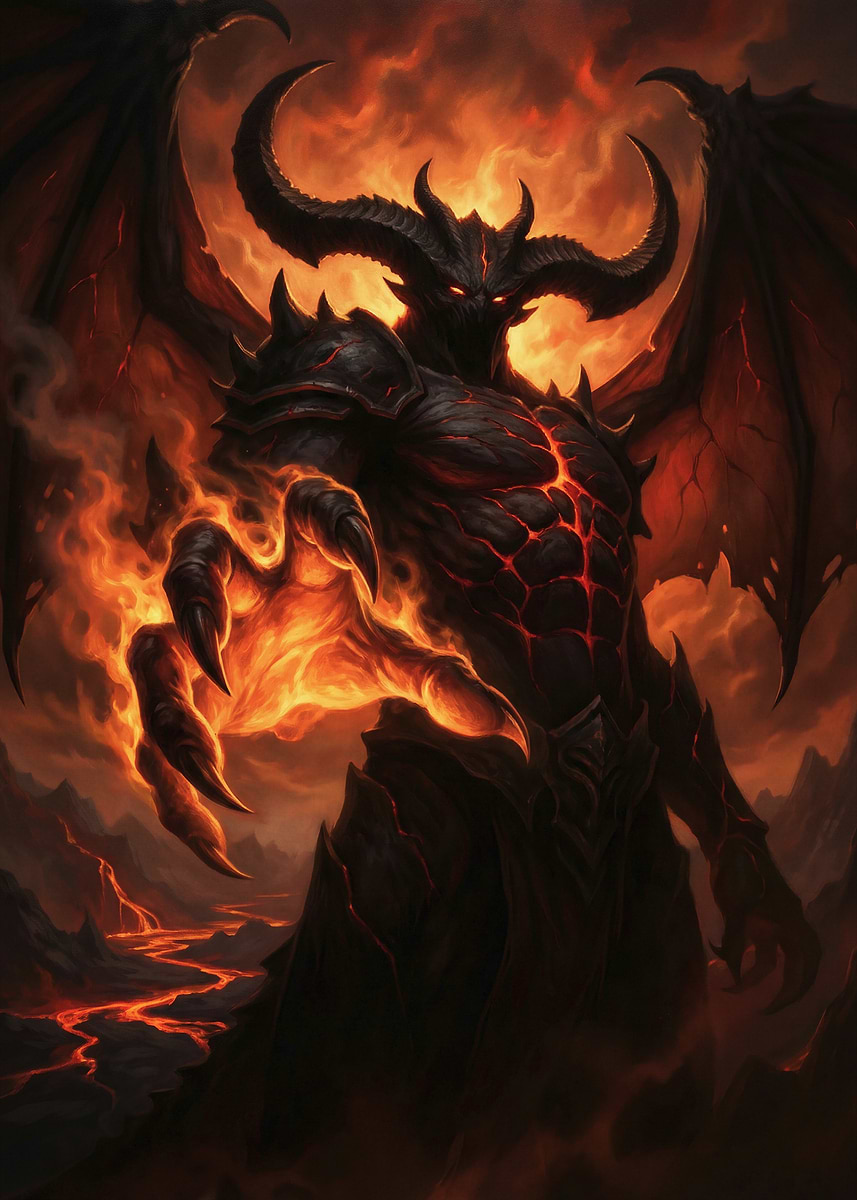 Demonic figure in a fiery landscape' Poster, picture, metal print