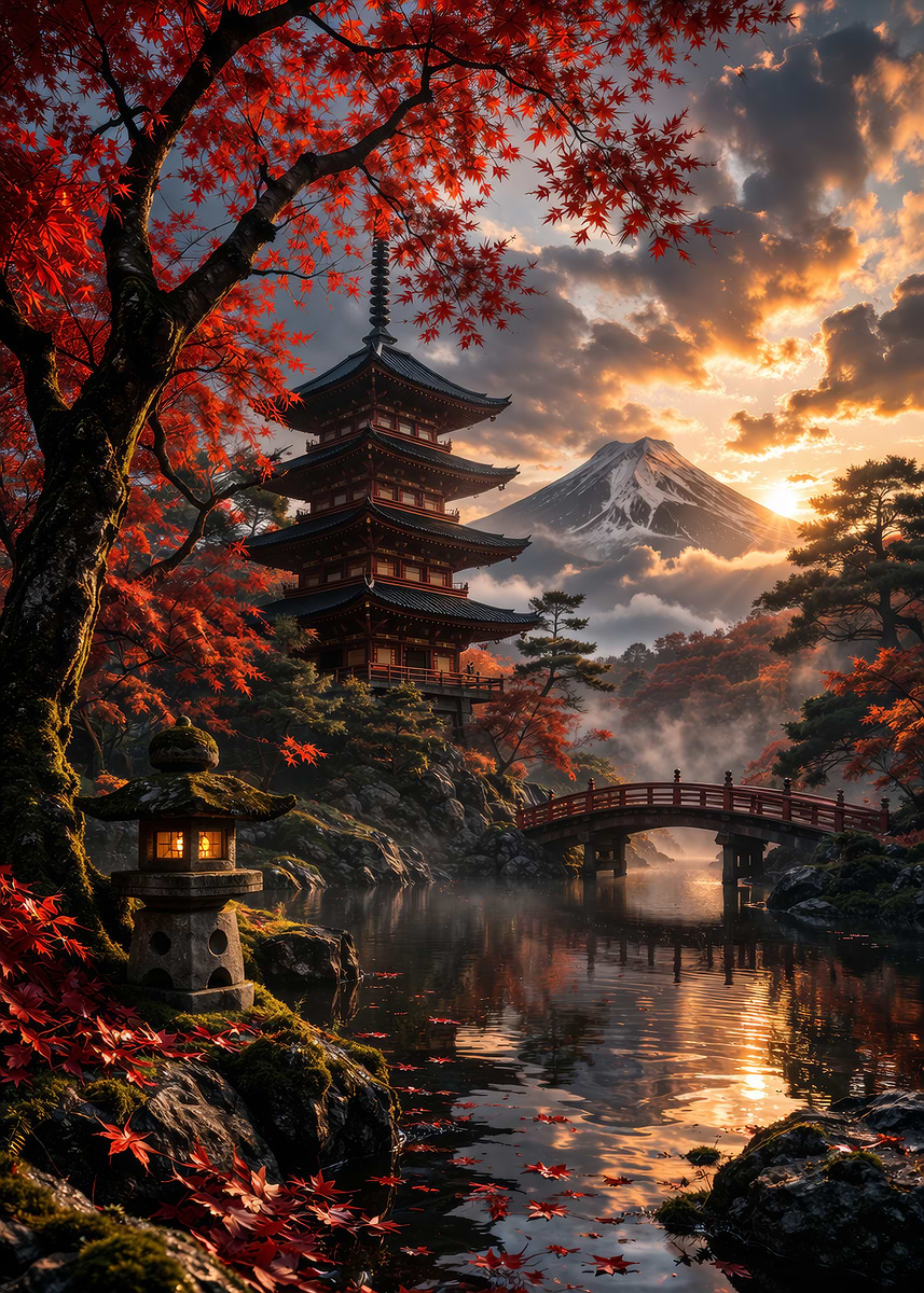 Japanese Pagoda and Mount Fuji at Sunset' Poster, picture, metal
