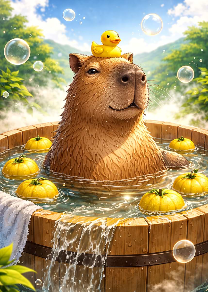 'Capybara Enjoying a Bath with Rubber Duck' Poster, picture, metal ...