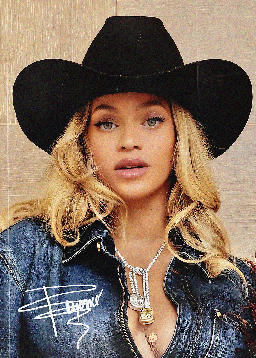 'Beyoncé in Cowboy Hat and Denim Jacket' Poster, picture, metal print ...