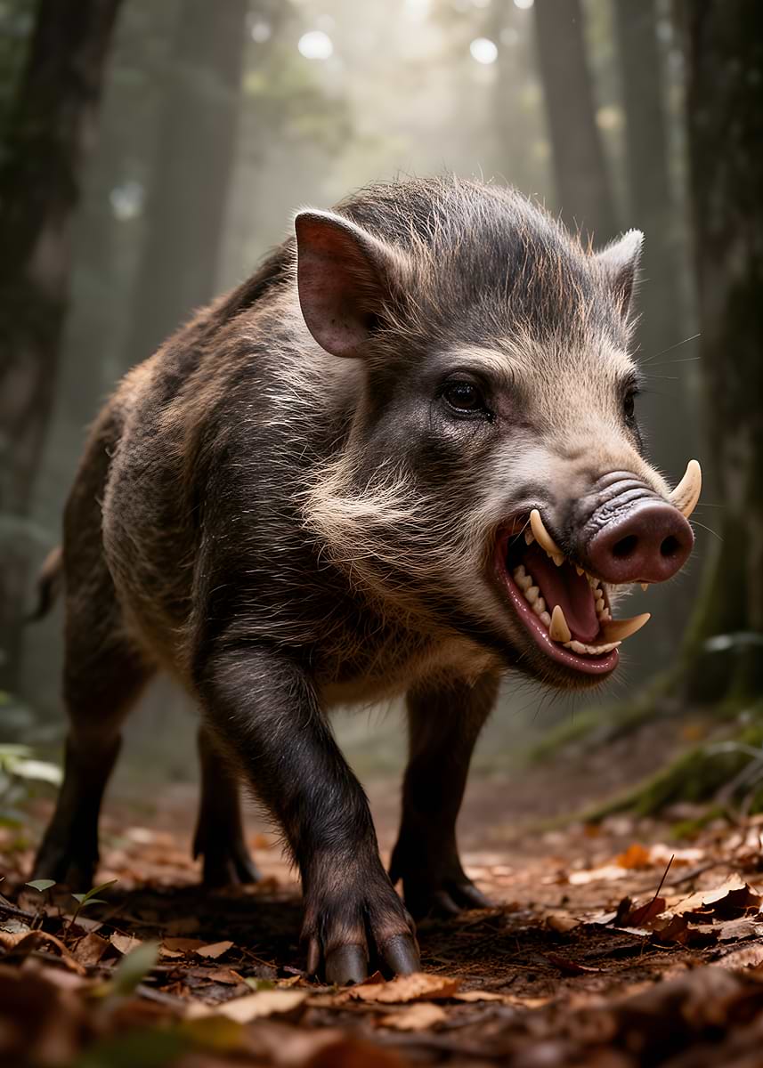 'Aggressive Wild Boar in Forest' Poster, picture, metal print, paint by ...