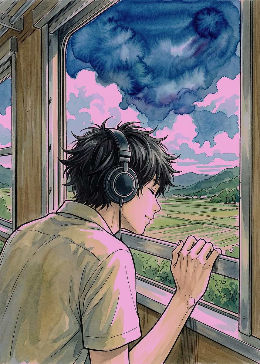 Boy Listening to Music on a Train' Poster, picture, metal print