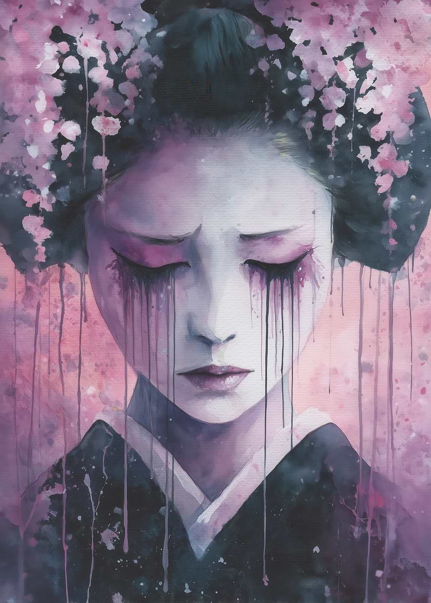 Geisha Crying 'Crying Geisha with Cherry Blossoms' Poster, picture, metal print ...