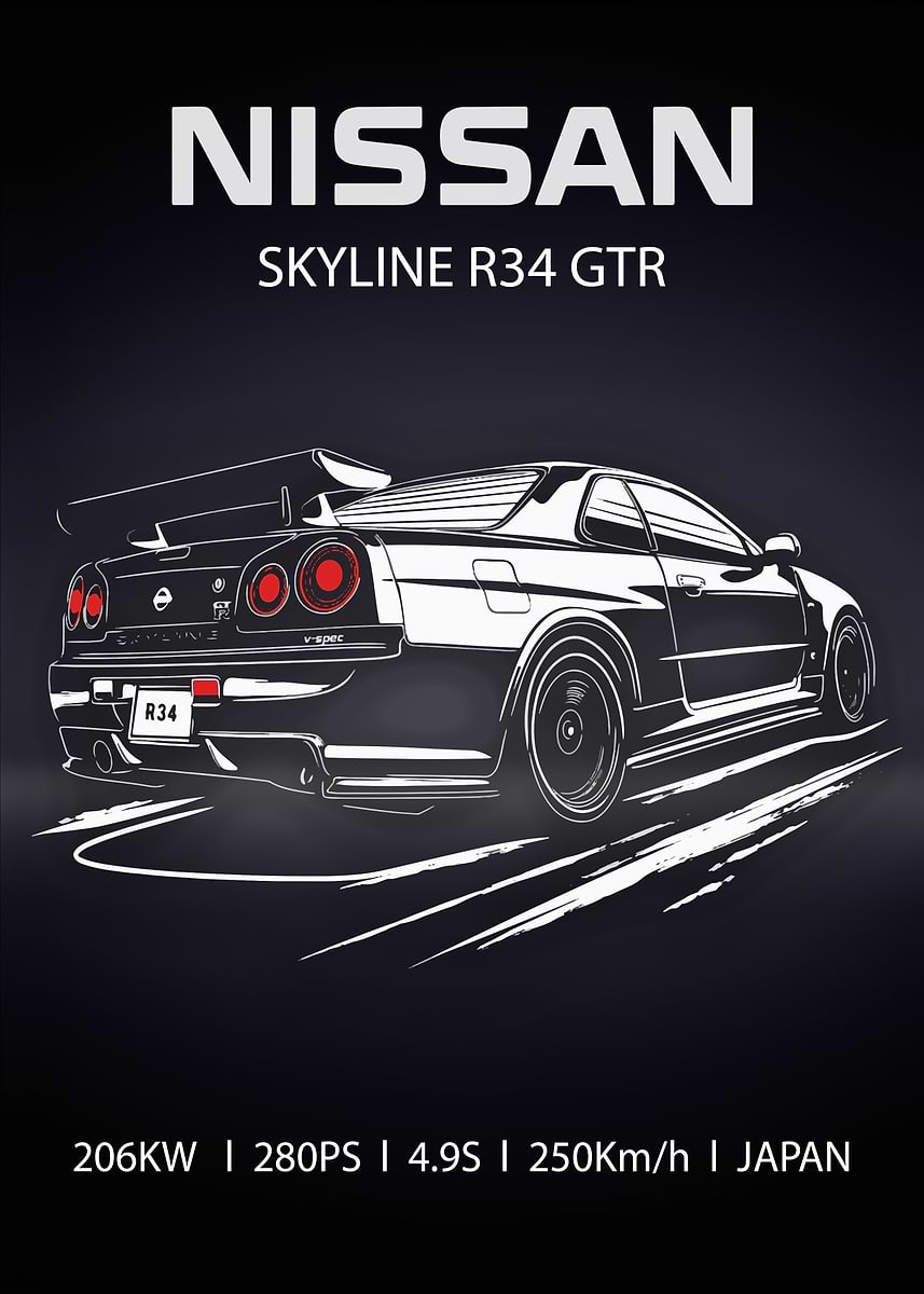 Nissan Skyline R34 GTR Poster' Poster, picture, metal print, paint