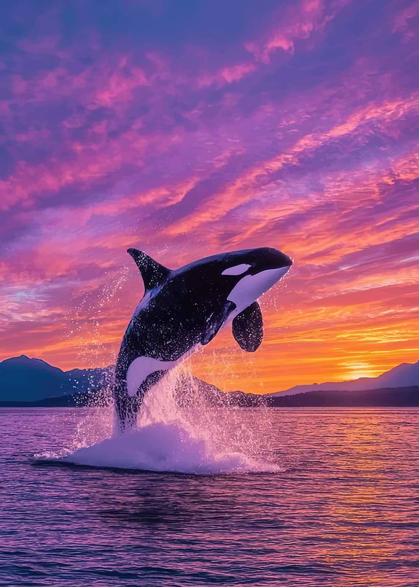 Orca breaching at sunset' Poster, picture, metal print, paint by