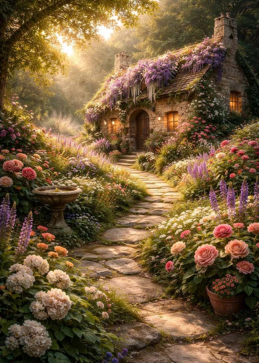 'Enchanted Cottage Garden Path' Poster, picture, metal print, paint by ...