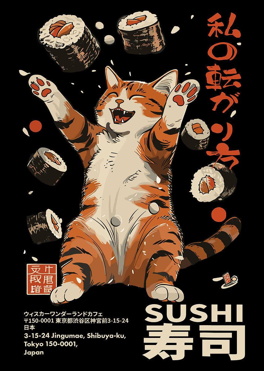 'Sushi Cat Poster, Funny Cat Eating Sushi Art, Cute Japanese Food Wall ...