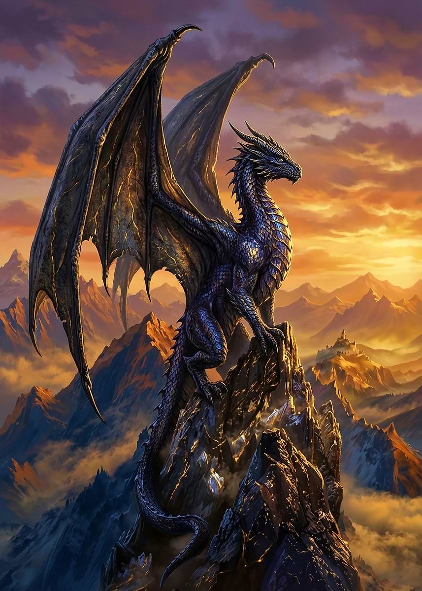 Majestic Dragon on Mountain Peak' Poster, picture, metal print