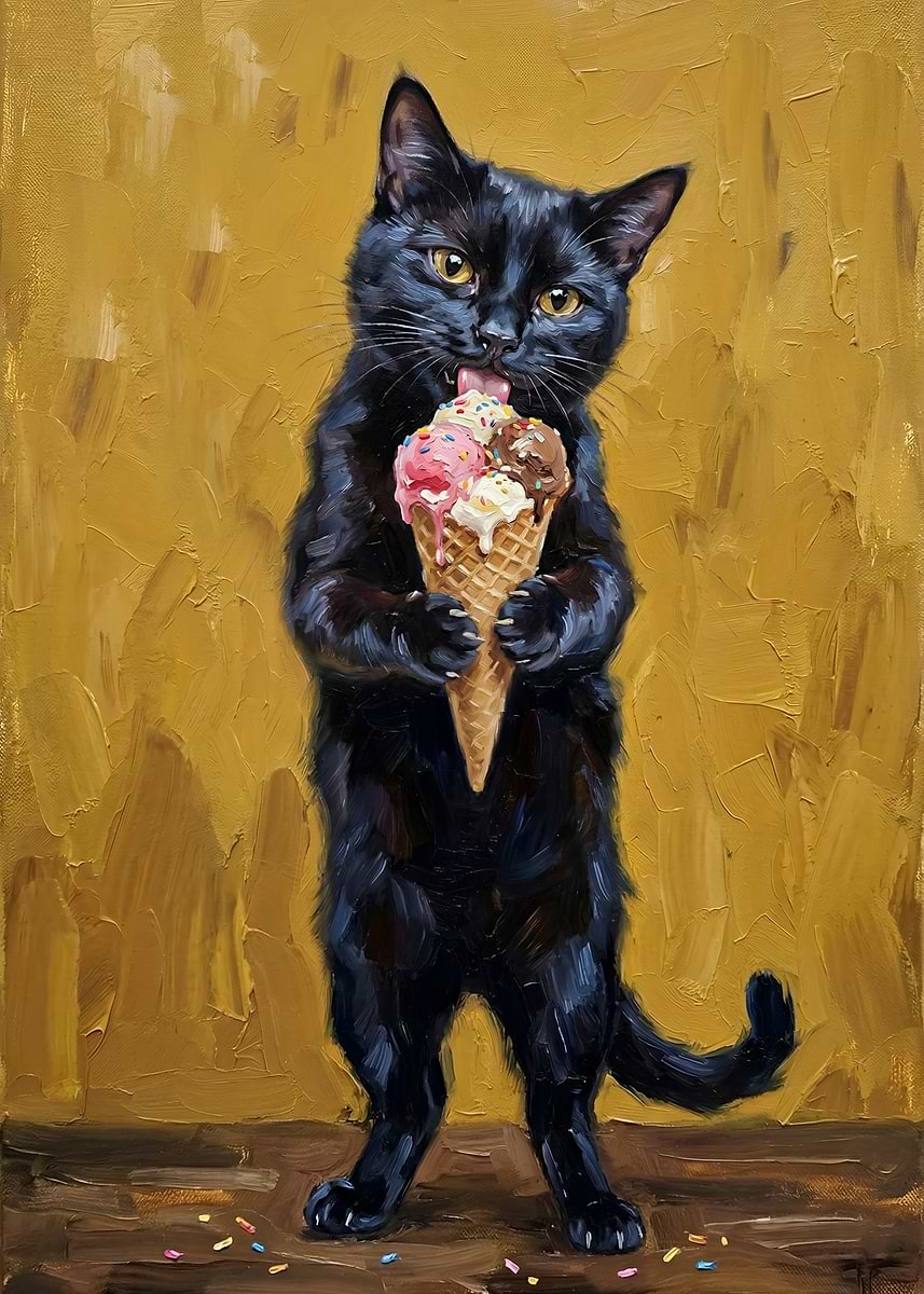 Black Cat Eating Ice Cream' Poster, picture, metal print, paint by