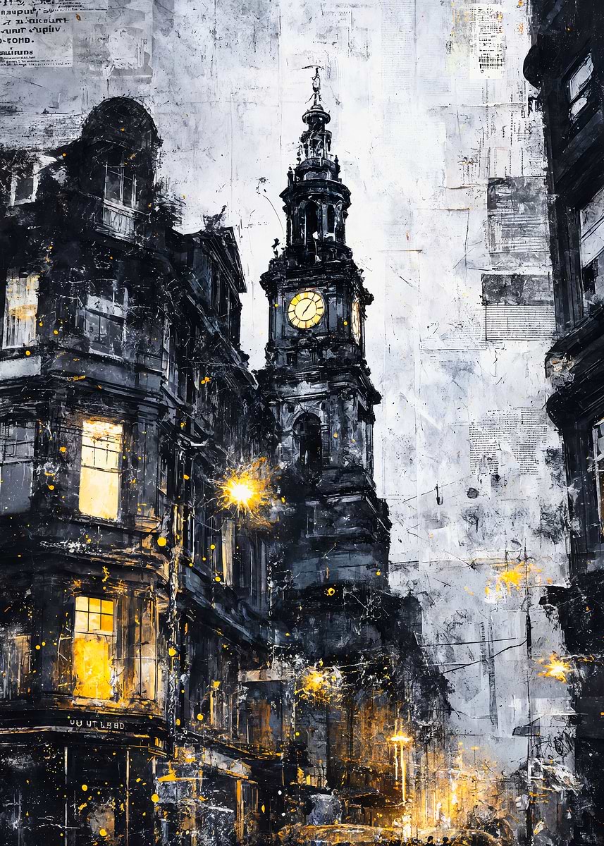 'Gothic Clock Tower Night Cityscape' Poster, picture, metal print ...