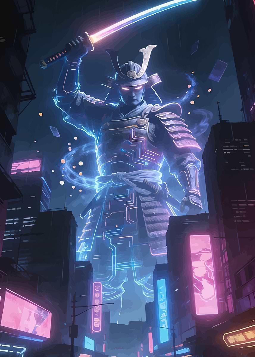 'Cyberpunk Samurai in Neon City' Poster, picture, metal print, paint by ...