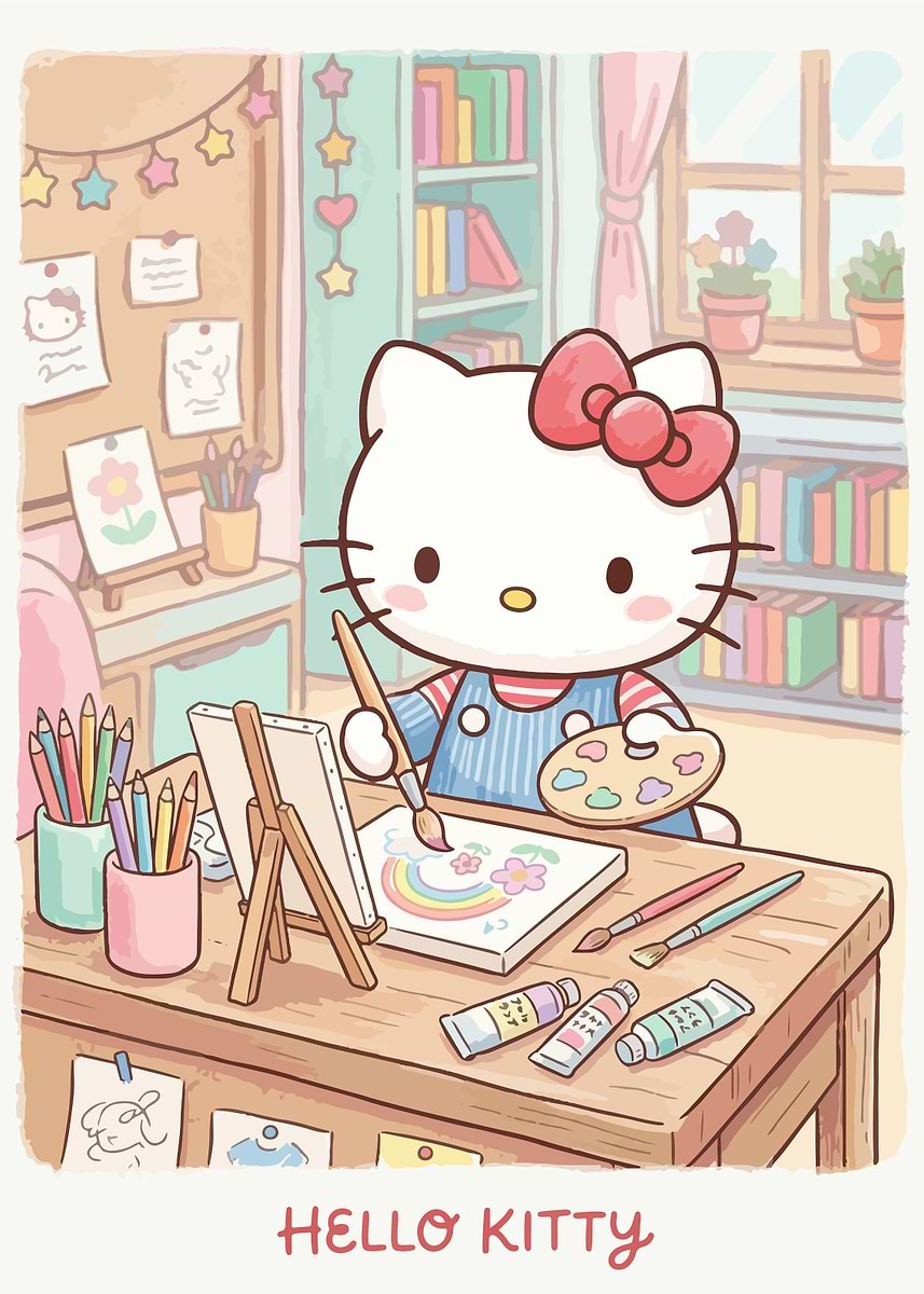 Hello Kitty painting a rainbow' Poster, picture, metal print