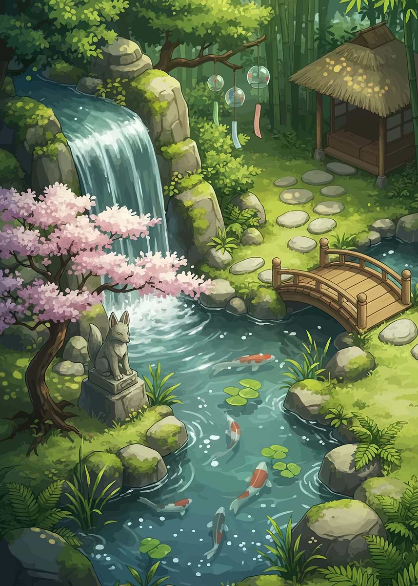Tranquil Japanese Garden with Waterfall and Koi Pond' Poster
