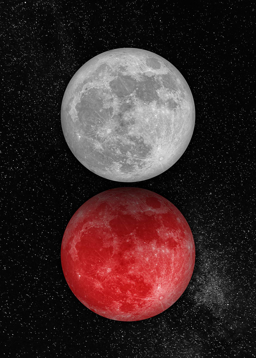 Withe Moon Red 'Red and White Moons in Space' Poster, picture, metal print, paint by ...