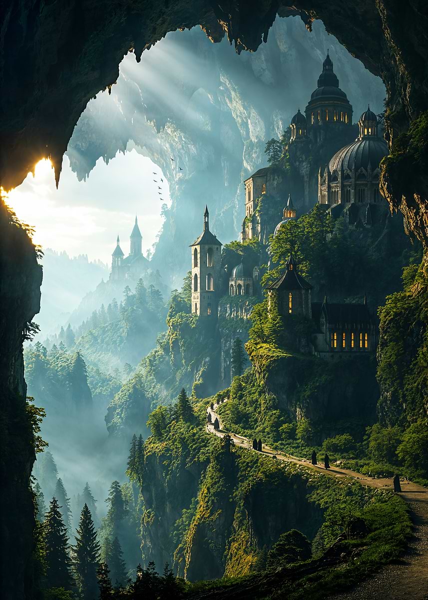The Basilica of the Hidden Vale — from the Forgotten Fantasy Realms collection, a Pixaverse metal print
