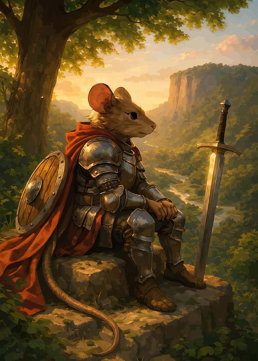Mouseling Knight 'Mouse Knight in Armor Overlooking Landscape' Poster, picture, metal ...