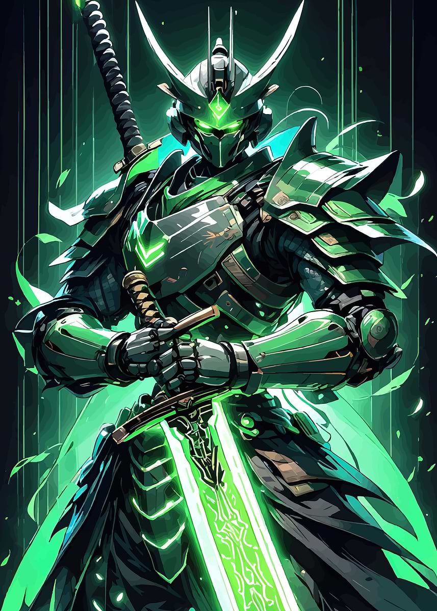 'Green Cyberpunk Samurai Warrior' Poster, picture, metal print, paint ...