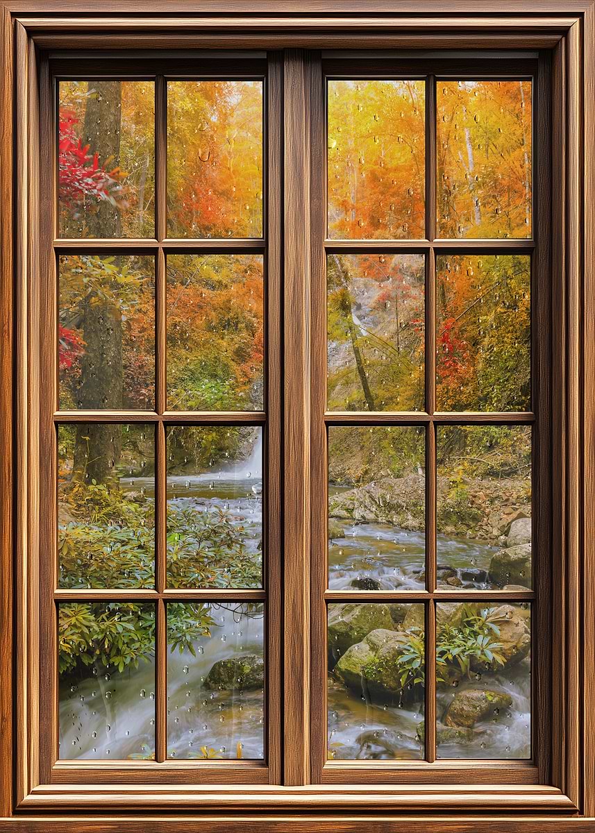 Window Forst 'Autumn Forest Waterfall Through Window' Poster, picture, metal print ...