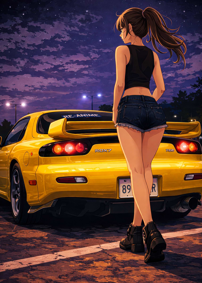 'Anime Girl and Yellow RX7' Poster, picture, metal print, paint by ...