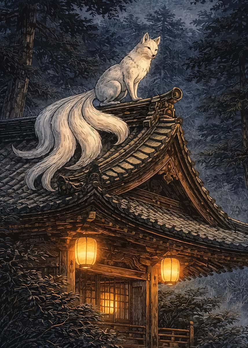 Nine-Tailed Fox on Temple Roof' Poster, picture, metal print