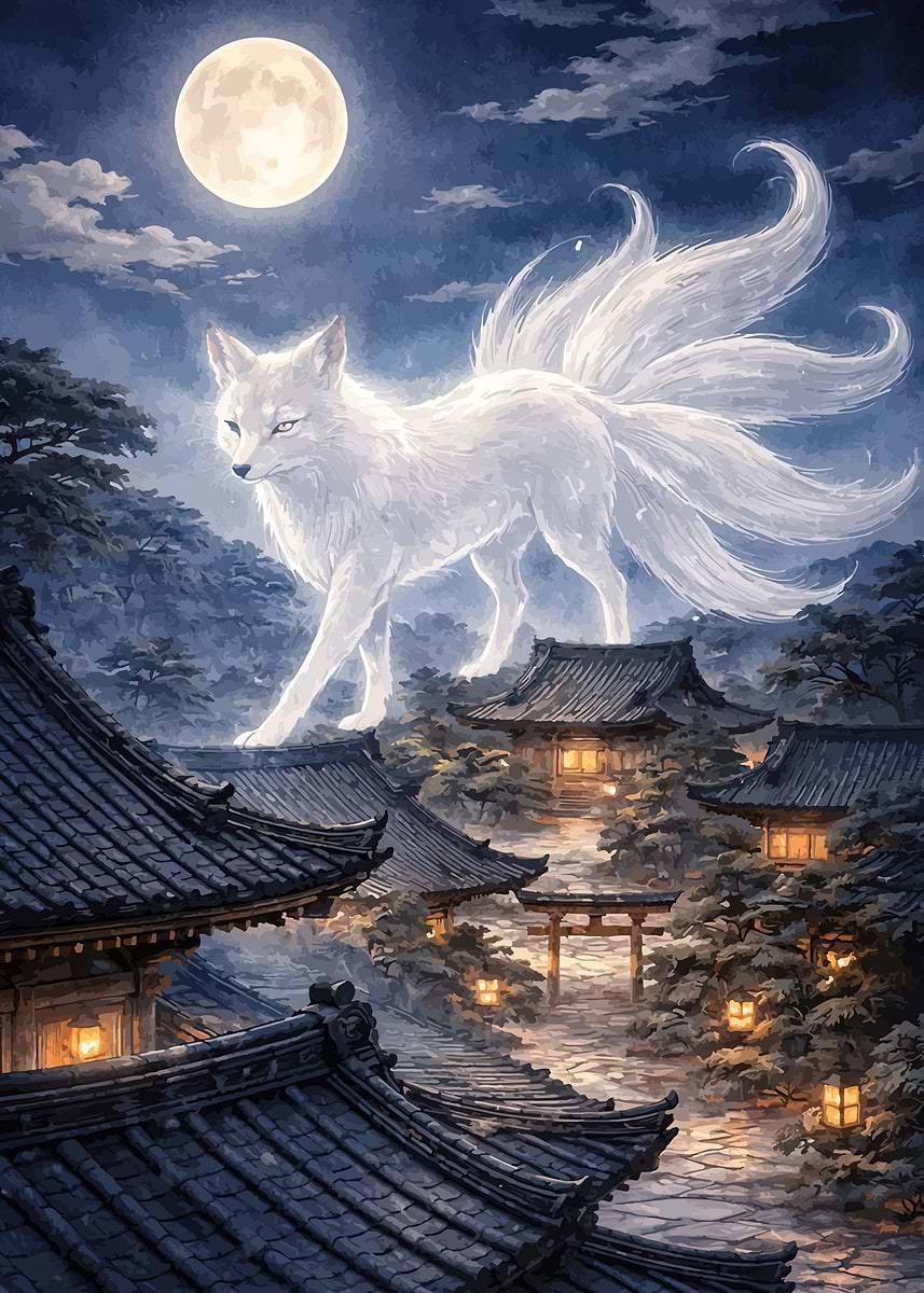 Mythical Fox Over Japanese Village' Poster, picture, metal print