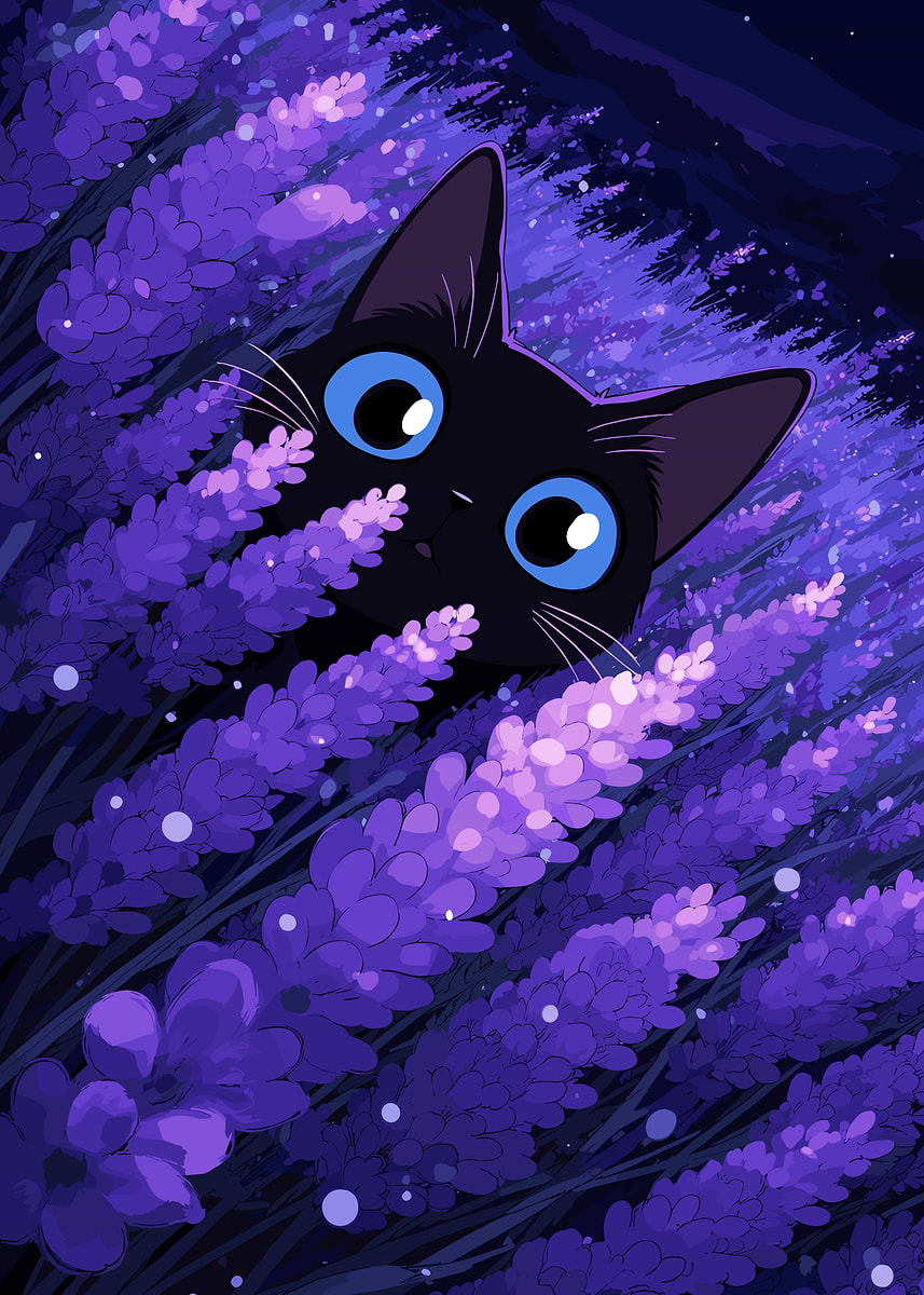 Black Cat in Lavender Field' Poster, picture, metal print, paint