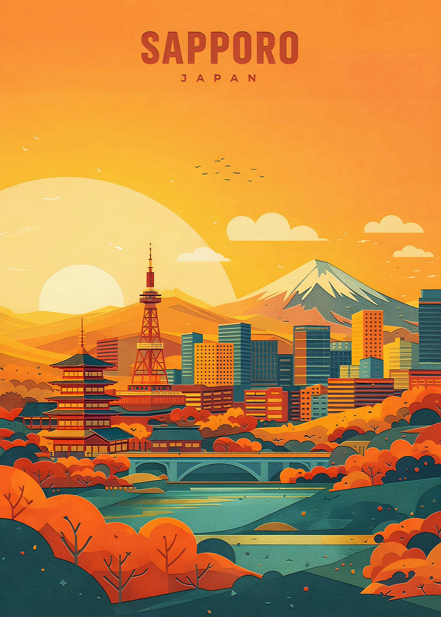 Sapporo Cityscape at Sunset' Poster, picture, metal print, paint