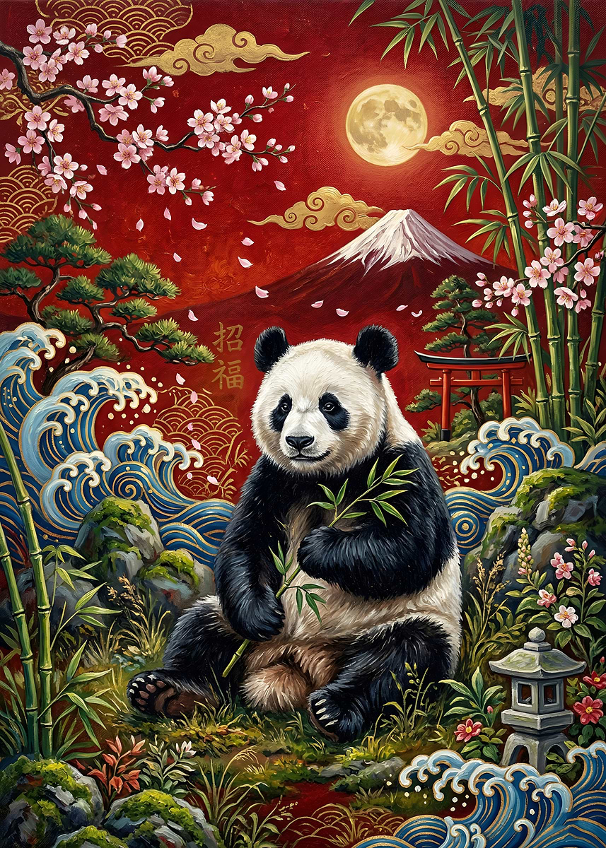 Panda with Mount Fuji and Cherry Blossoms' Poster, picture, metal