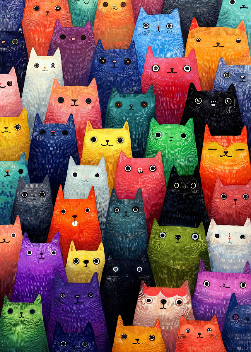 'A Crowd of Colorful Cartoon Cats' Poster, picture, metal print, paint ...