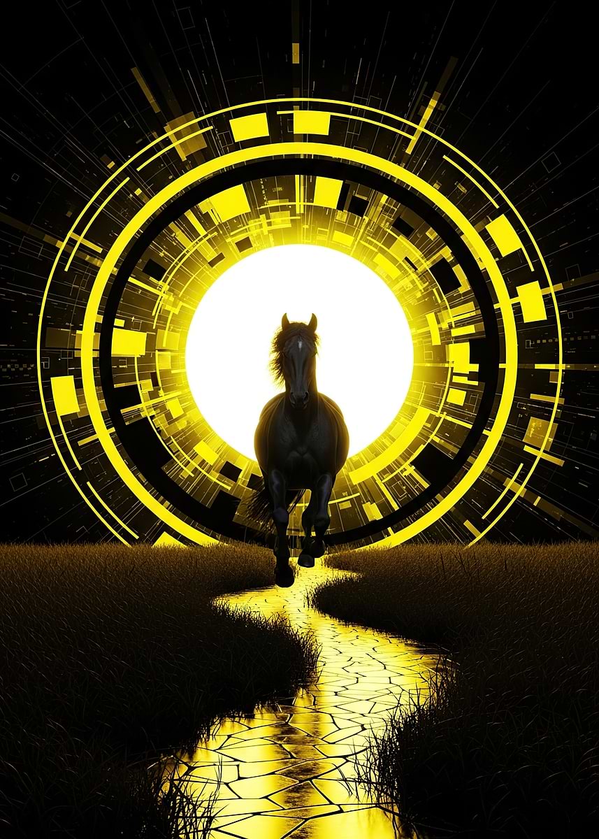 Horse running through a portal' Poster, picture, metal print