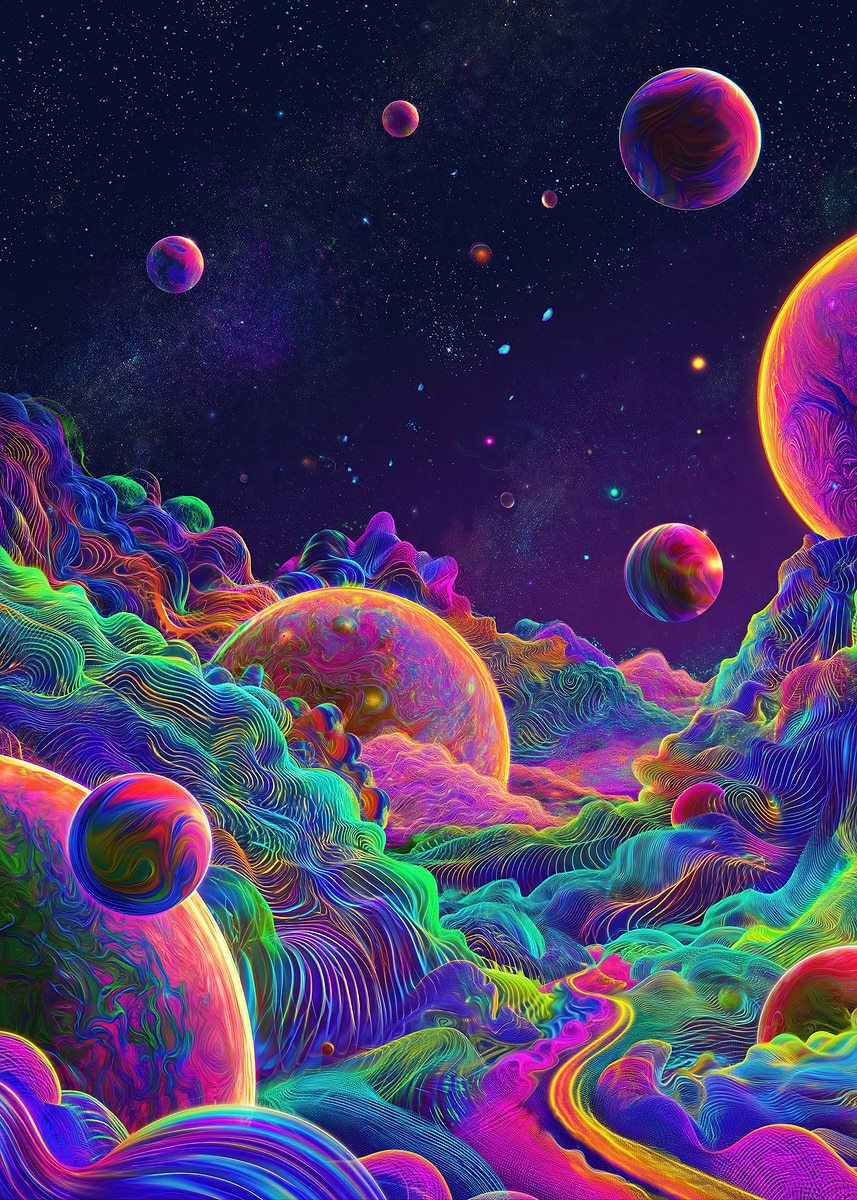 'Vibrant Alien Landscape with Planets' Poster, picture, metal print ...