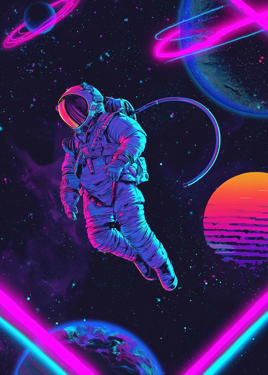 Astronaut in Neon Space' Poster, picture, metal print, paint by