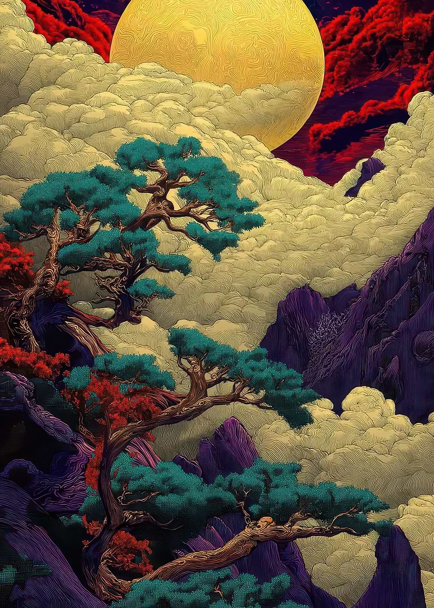 'Mystical Asian Landscape with Moon and Trees' Poster, picture, metal ...